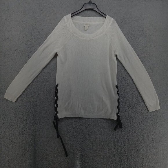 Chico's Sweater Womens 1 Medium Cream Knit Lace‎ Up Corset Sides Long Sleeve - Picture 1 of 8